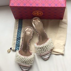 TORY BURCH TATIANA PEARLY TWEED SLIDES - 9.5